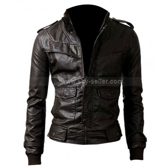 Slim Fit Black Rocker Genuine Leather Bomber Jacket